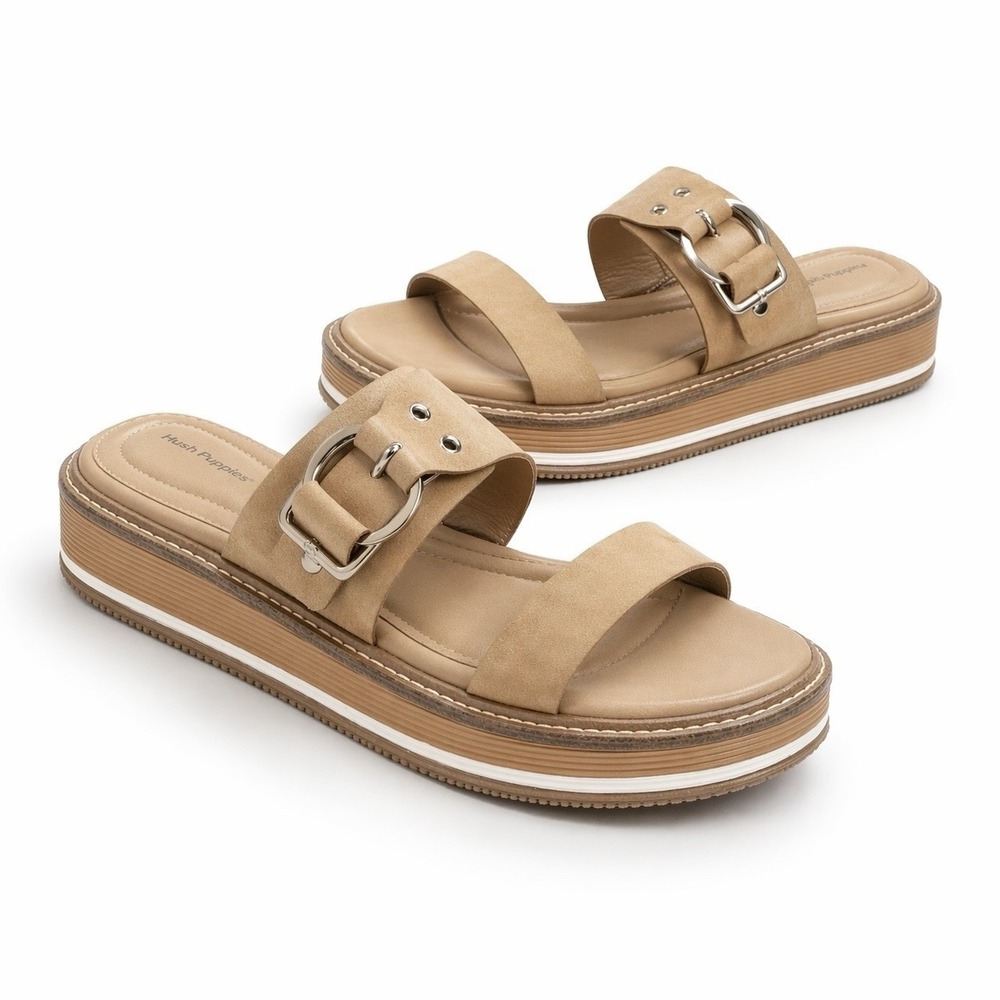 HUSH PUPPIES Tan Leather Sandal Slides sz 9.5M Flats Neutral Comfort Resortwear - Picture 2 of 9